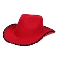 Classic red felt cowboy hat with distinctive black wave-pattern stitched brim edging - M (56-58cm) / Red