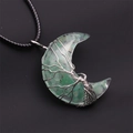 Close-up of handmade moon pendant with green natural stones and silver wire tree design - Green Aventurine Moon Pendant-Wax Rope