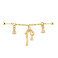 Golden industrial barbell with teardrop cubic zirconia and butterfly chain dangles - Bowknot Waterdrop Pendant Style (24042701-2)