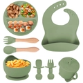 Dark green 8-piece silicone baby feeding set with suction plate, bowl and bib - Army Green-8Pcs Set