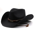 Cappello da cowboy nero in paglia con fascia etnica e piuma per protezione solare da spiaggia - M(56-58cm) / Nero