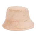 Close-up of the soft beige faux rabbit fur texture on a warm winter bucket hat - One Size / Beige