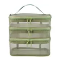 Three-layer green mesh travel organizer bag with double zippers and handle for toiletries - Triple Layer / Grass Green