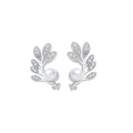Elegant leaf shaped silver stud earrings with white pearls and sparkling rhinestones - White Gold