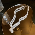 Detailed view of elegant double-layered pearl necklace with a large spherical pearl pendant - White Rhinestone Pearl Style (#62)