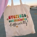 Beige canvas tote bag with retro floral print and everyone communicates differently text - STD874-S Everyone Communicates Differently