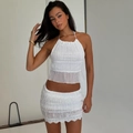Sexy white two-piece set featuring ruffled halter crop top and mini skirt with lace trim - S / Top And Bottom / White