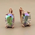 Macro detail of rose gold lever-back earrings with vibrant mystical rainbow gemstones - Rose Gold Style 4