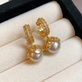 Vintage gold plated tiger eye earrings with zircon lace and round pearl drop charms - Gold Hollow White Pearl Style