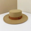 Vintage light brown wool felt boater hat featuring a dark brown decorative ribbon band - M(56-58cm) / Camel