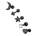 Set of 5 black stainless steel stud earrings with geometric moon star and heart shapes - Set 7 (Black/Moon Heart Triangle Star/Zircon)
