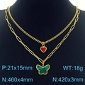 Collar de doble capa dorado con colgante de corazón rojo y mariposa de malaquita verde - Estilo Mariposa Corazón Dorado (KN230233-KFC)