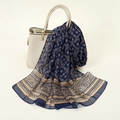 Navy and beige chiffon scarf with paisley print draped over a white handbag - Navy Blue (Paisley Geometric)