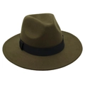 Detail view of olive green felt fedora hat with water drop crown and black ribbon band - One Size / Army Green