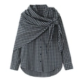 Dunkelblaues kariertes Langarmhemd mit stilvollem, geknotetem Schal-Design - XS / Marineblau Kariert