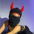 Handmade black crochet balaclava with red devil horns for Halloween costume parties - 57-59cm / Black Body Red Horn Standard