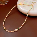 Detail of baroque freshwater pearl necklace with colorful beads and adjustable gold clasp - Colorful Rice Bead Pearl Necklace