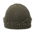 Detailed close-up of dark olive green distressed knitted beanie with frayed edge details - M (56-58cm) / Army Green
