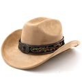 Vintage camel suede western cowboy hat with ethnic embroidery and red gemstone buckle - M (56-58cm) / Khaki