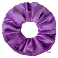 Close-up of purple velvet tie-dye scrunchie with hidden zipper pocket detail - Purplish Red