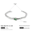 Detail view of wavy stainless steel bangle with green gemstone and dimensions 61mm - Green Gemstone Inlaid Wave Style (NB-B6270-S-GN)