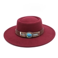 Burgundy flat brim felt fedora with ethnic turquoise belt and bohemian woven band - M (56-58cm) / Burgundy