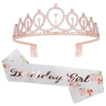 Rose gold rhinestone crown and floral white sash with Birthday Girl gold lettering - Floral Girl Rose Gold