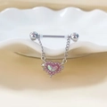 Macro detail of silver barbell nipple ring with pink opal heart pendant and small crystals - Pink Heart Chain Nipple Ring
