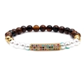 Tiger eye and pearl beaded bracelet with a colorful zircon curved tube in gold plating - Tiger Eye+Faux Pearl+Gold