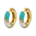 Detail of C-shaped gold earrings with blue and white enamel inlay and zircon accents - Green Parallel Rhinestones