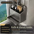 Gunmetal stainless steel knife and chopstick holder with dual slots and drain tray - Gun Grey Stainless Steel 2-Slot Knife and Chopstick Holder (Dual Use)