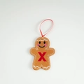 Brown felt gingerbread man ornament with red X embroidery and ribbon for Christmas - Letter X