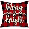 Red and black buffalo plaid Christmas pillow cover with Merry & bright text print - A-15