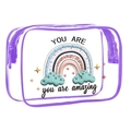 Transparent PVC makeup bag with purple trim featuring rainbow clouds and motivational text - 095-Purple Rainbow Cloud