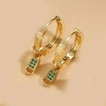 14K gold-plated hoop earrings with green zircon zipper pendants on pink backdrop - Green Zirconia (Gold)