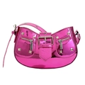 Pink metallic leather shoulder bag with silver rivet details and adjustable strap - Rose Red
