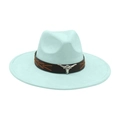 Light blue wide brim felt hat with dark brown leather band and silver bull head decor - Emerald Green