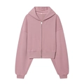 Detail of pink cropped zip-up hoodie featuring ribbed cuffs and soft fleece fabric - S / Hooded Zip Up Top / Pink
