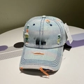 Detail of distressed light blue denim baseball cap featuring 3D embroidered lettering - Adjustable / Black Letter