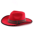 Detail of red fedora hat featuring red and green stripe band and black wavy stitched brim - M (56-58cm) / Red With Stitching