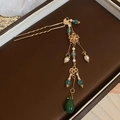 Golden Chinese hair stick with flower hollow pattern, green beads and tassel pendant - Flower Teardrop Glass Bead Pearl Tassel Hair Stick
