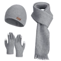 Winter 3-piece knit set with hat, scarf, and touchscreen gloves in medium grey finish - Grey (3-Piece Set)