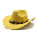 Detail of yellow wool felt cowboy hat with ethnic style wooden bead decorative band - M (56-58cm) / Yellow