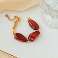 Golden stainless steel chain necklace featuring red and white marbled resin stone beads - Stainless Steel Marble Pattern Bracelet / Red
