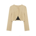 Elegante gouden tweed korte jas met enkelvoudige knoopsluiting en ronde hals voor dames - S / Champagne