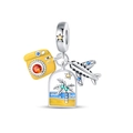Detailed view of silver charm bead featuring airplane, camera and beach pendants - Ocean Vacation - Travel Diary Pendant