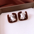 Macro view of brown flocked square earrings with large rectangle zircon center - Silver Needle - Brown