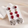 Set di 6 orecchini vintage in resina rosso bordeaux e motivi floreali a pois - Perno in Argento - Rosso (Set da 6)