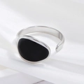 Minimalist silver open cuff bracelet with large polished black pebble stone element - Adjustable Open / Silver Black Bean Bangle (JR282-S7)