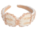 Beige fabric headband featuring a 3D woven white pearl and amber crystal bow - Pearl Amber Crystal Bowknot (Series 8-7)